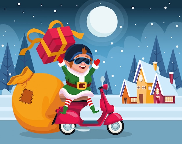 Duende de natal dos desenhos animados em uma motocicleta com caixa de presente durante a noite de inverno, colorida, ilustração