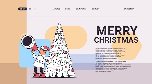 Duende gritando no megafone Ajudante de Papai Noel fazendo anúncio celebração de ano novo e natal