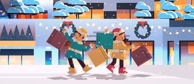 Duendes com compras preparando-se para o ano novo e os feriados de natal comemorando ajudantes de papai noel segurando caixas de compras cartão horizontal de comprimento total.