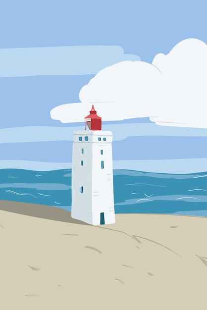 Dunas de areia de praia brilhante com o famoso farol marco dinamarquês com fundo de céu azul Rubjerg Knude Lighthouse Lonstrup no norte da Jutlândia na DinamarcaVector ilustração desenhada à mão