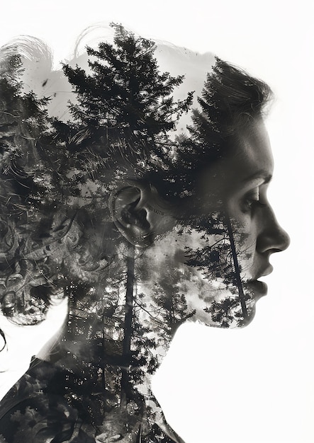 Vetor dupla exposição de uma cabeça de mulher com uma bela paisagem florestal natural
