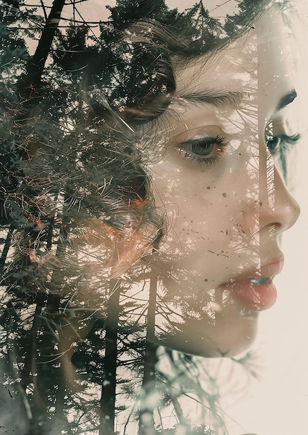 Vetor dupla exposição de uma cabeça de mulher com uma bela paisagem florestal natural