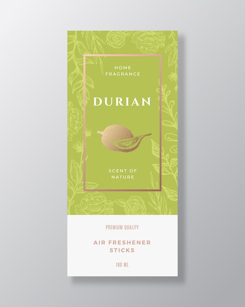 Durian casa fragrância vetor abstrato rótulo modelo mão desenhada esboço flores folhas fundo e ...