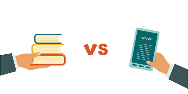 E-book versus papel. dia do livro. ilustração vetorial