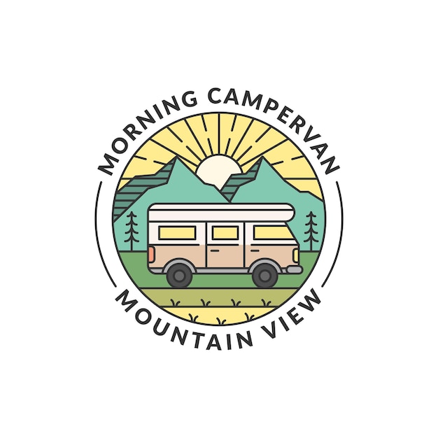 Vetor e campervan badge montanha ilustração vetorial manhã montanha e campervan monoline ou arte de linha