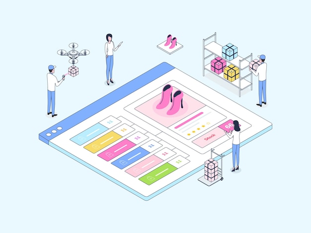 E-commerce omnichannel sincronização estoque isométrica ilustração lineal color. adequado para aplicativo móvel, site, banner, diagramas, infográficos e outros ativos gráficos.