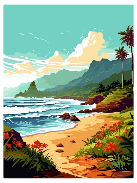 Vetor e ke beach hawaii poster de viagem vintage souvenir cartão postal pintura de retrato ilustração wpa