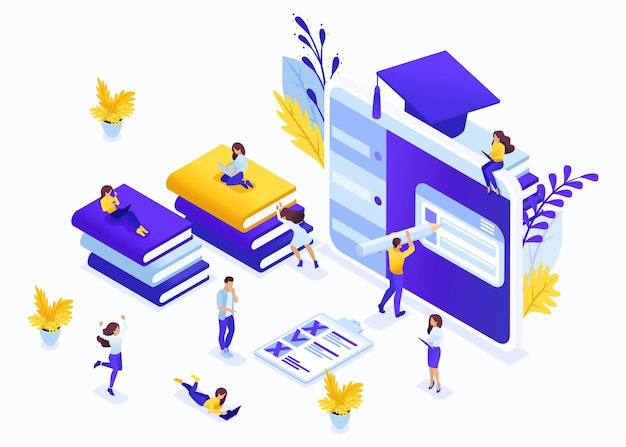 E-learning de conceito de negócio isométrico para segundo ensino superior, auto-estudo, treinamento avançado. Excelente conceito para uma página de destino.