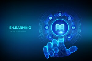 E-learning. educação online inovadora e conceito de tecnologia de internet. mão de wireframe tocando a interface digital.