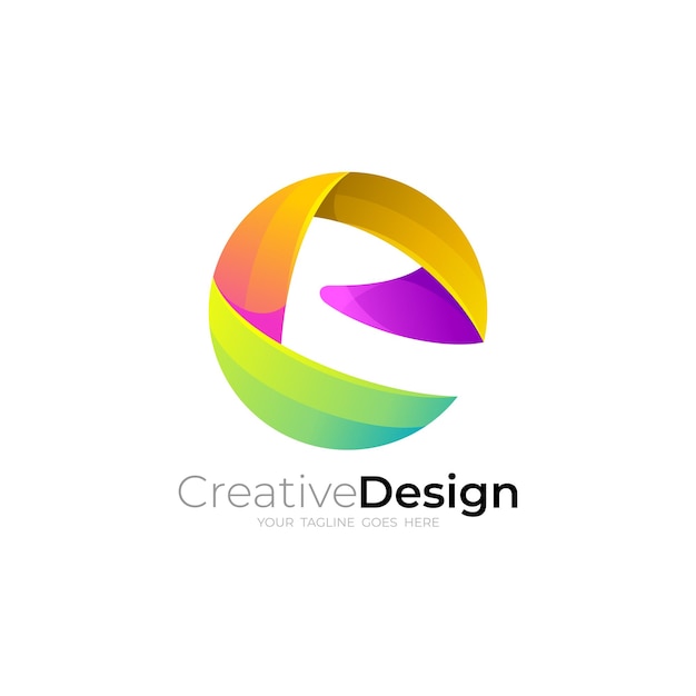 E logotipo com modelo de design de círculo 3d estilo colorido