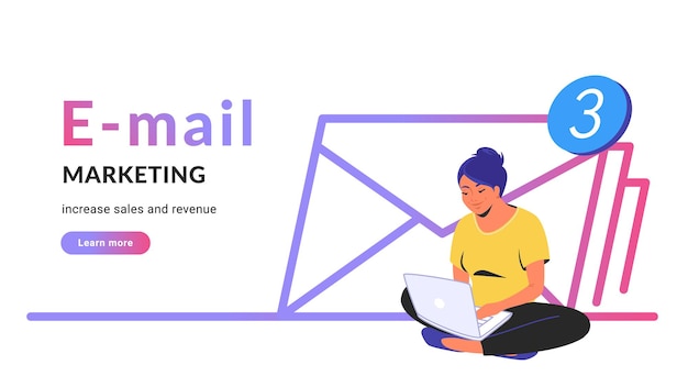 E-mail marketing para aumentar vendas e receitas. ilustração em vetor linha plana de mulher bonita sentada sozinha em pose de lótus com laptop e trabalhando remotamente. ícone de três envelopes em fundo branco