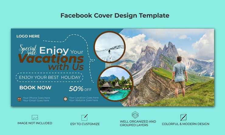 Vetor e uma agência de viagens de design moderno com capa plana no facebook.