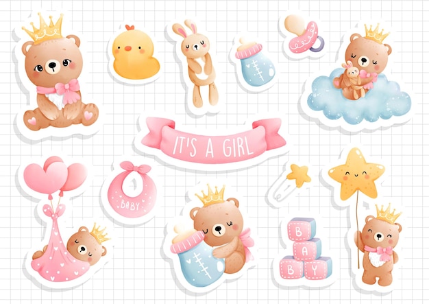 É uma menina, adesivo de urso de bebê, álbum de recortes. Ilustração vetorial