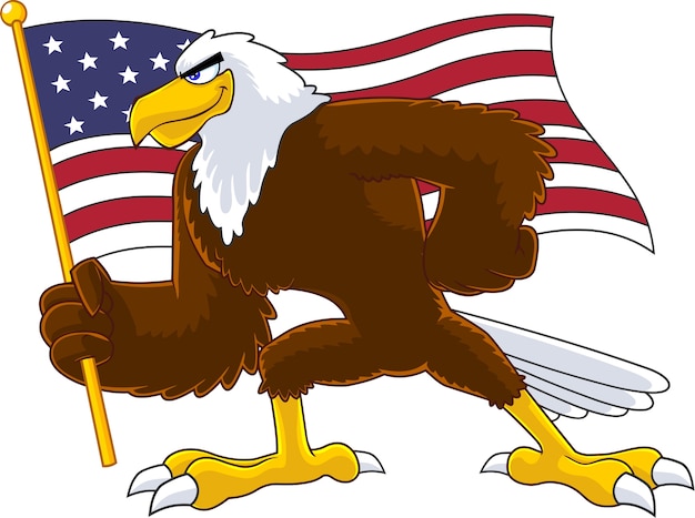 Eagle bird cartoon personagem acenando a bandeira americana. ilustração isolada no fundo branco