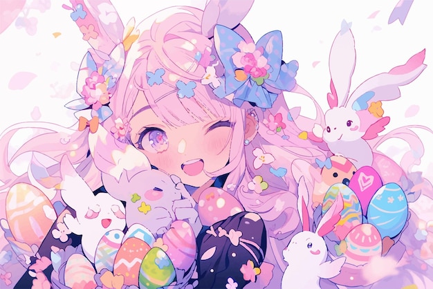 Easter Anime Style Cute Happy Girl com ilustração de ovos de Páscoa coloridos