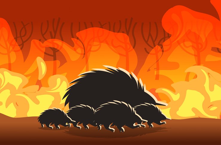 Vetor echidna silhuetas correndo de incêndios florestais na austrália animais morrendo em incêndio florestal fogo queimando árvores desastre natural conceito intenso laranja chamas horizontais