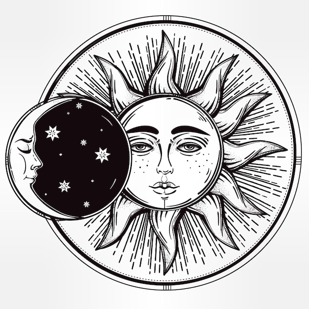 Eclipse de sol desenhado à mão vintage com lua adormecida ao lado Ilustração vetorial isolada Tatuagem