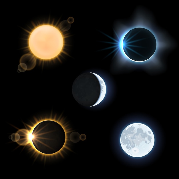 Vetor eclipse de sol e lua e sóis e luas. céu de astronomia, conjunto de ilustração vetorial