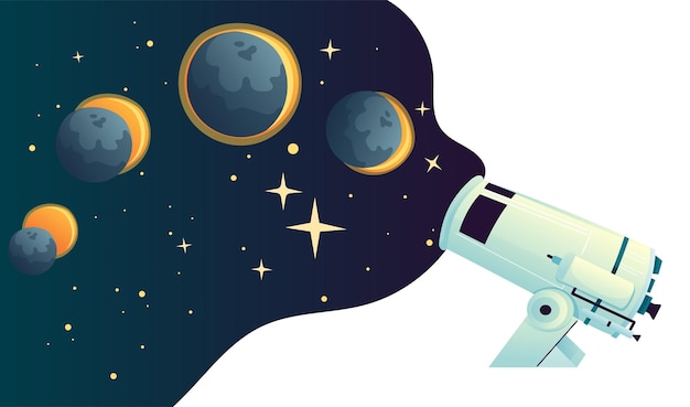 Vetor eclipse solar de fundo ciclo de eclipse solar através de um telescópio astronômico