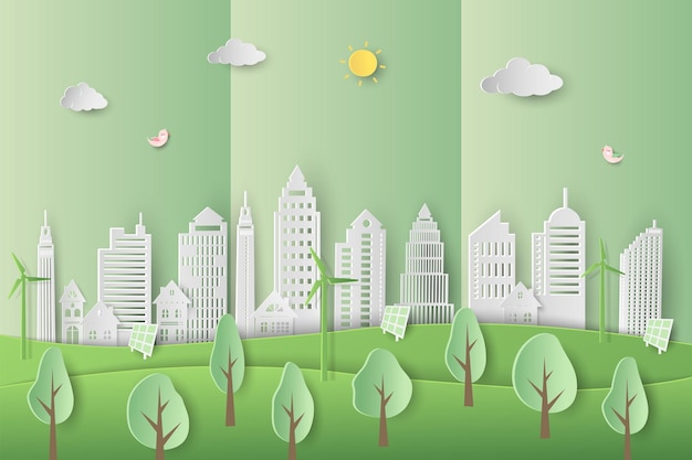 Eco amigável e salvar o conceito de conservação do meio ambiente com cidade limpa no estilo de arte de papel