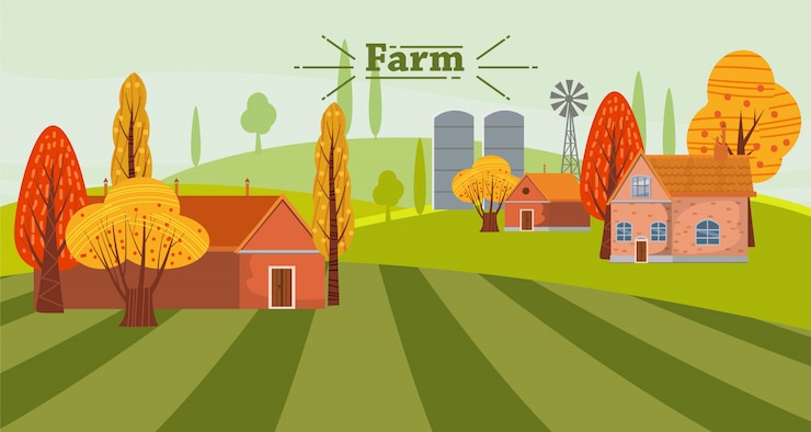 Vetor eco bonito agricultura conceito paisagem rural paisagem, com casa e fazenda dependências, outono