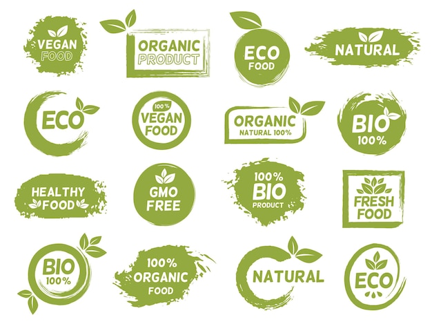 Eco verde, rótulo de produto orgânico e vegan do grunge. Logotipo de alimentos frescos saudáveis. Conjunto de vetores de carimbo de logotipo de pacote bio natural, sem OGM e vegetariano