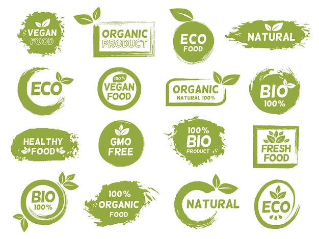 Eco verde, rótulo de produto orgânico e vegan do grunge. logotipo de alimentos frescos saudáveis. conjunto de vetores de carimbo de logotipo de pacote bio natural, sem ogm e vegetariano