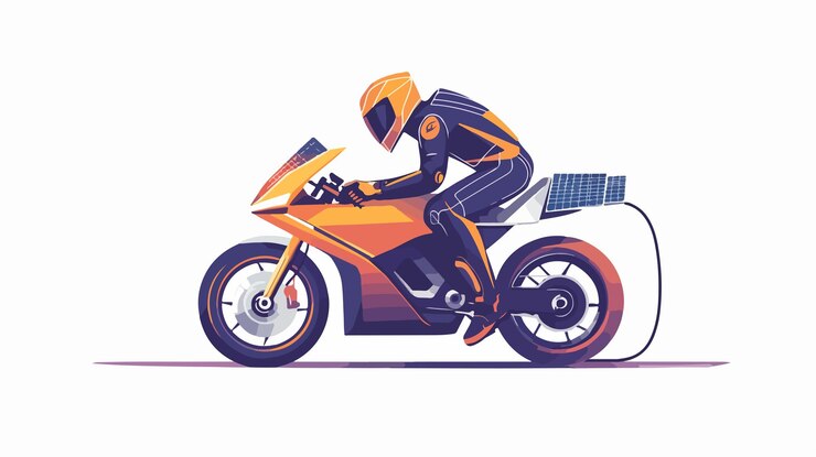 Vetor ecofriendly charging man powers motorcycle com energia solar