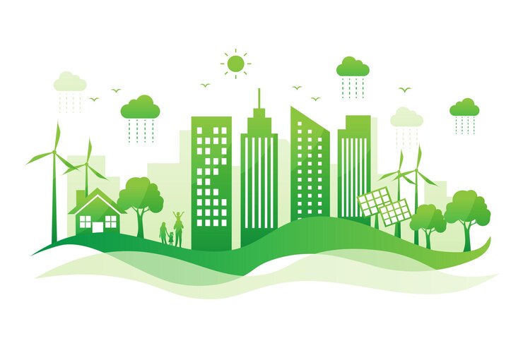 Vetor ecologia e ambiente cidade verde energia renovável sustentável salvar a natureza e o mundo