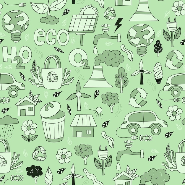 Ecologia e estilo de vida ecológico Padrão sem costura em estilo de rabiscado desenhado à mão em fundo verde