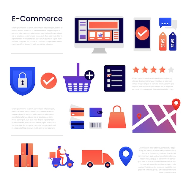 Ecommerce infográficos ícone modelo ilustração vetorial definido para web móvel de brochura de apresentação