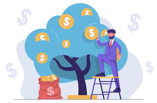 Economia de dinheiro Um empresário coleta dinheiro de uma árvore de dinheiro