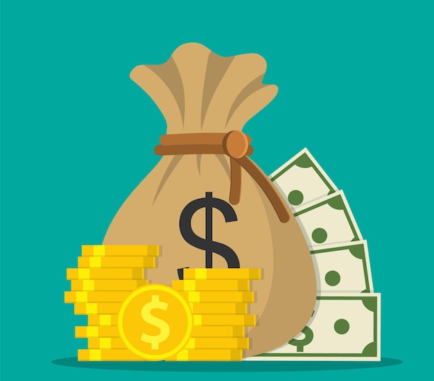Economizar dinheiro e ícone do saco de dinheiro. Conceito de dinheiro como um saco de dinheiro, empilhar moedas e notas. Ilustração vetorial em estilo simples