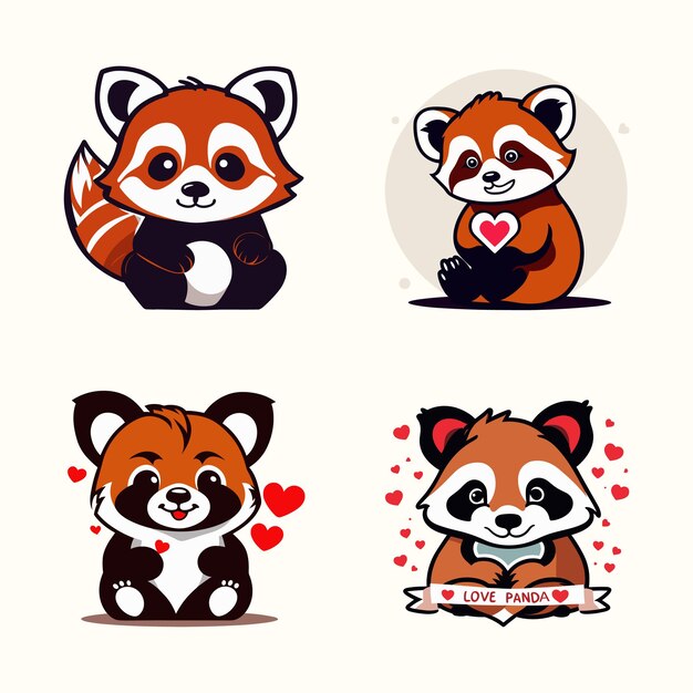 Ector panda vermelho bonito com coração de amor ilustração de ícone de desenho animado vetorial