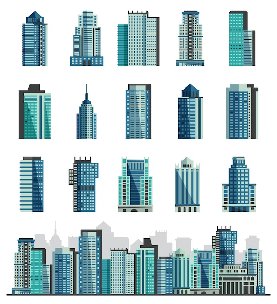 Edifício arranha-céu ou vetor de horizonte de cidade conjunto paisagem urbana com escritório de negócios construção de comercial ...