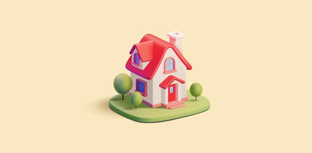 Edifício branco de uma casa com um telhado vermelho 3D Uma casa bonita para os conceitos de solidão