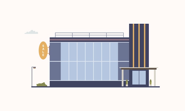 Edifício da cidade de centro comercial ou shopping com grandes janelas panorâmicas e porta de entrada de vidro construída em estilo arquitetônico moderno. Outlet store ou loja de descontos. Ilustração colorida do vetor.