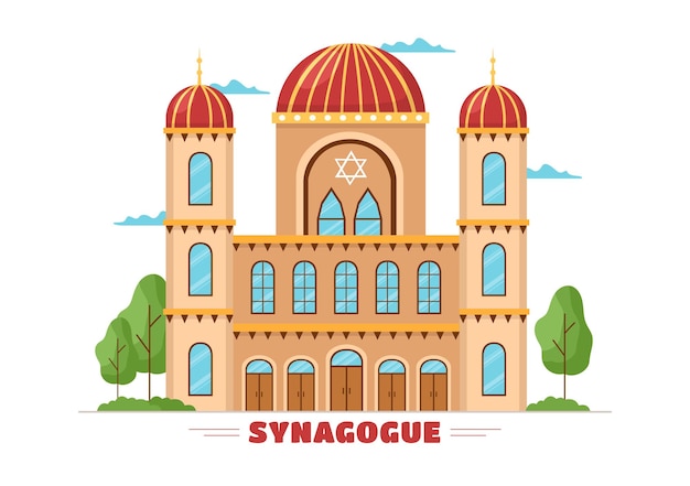 Edifício da sinagoga ou templo judaico com local de culto religioso e judeu na mão desenhada ilustração