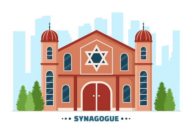 Edifício da sinagoga ou templo judaico com local de culto religioso e judeu na mão desenhada ilustração