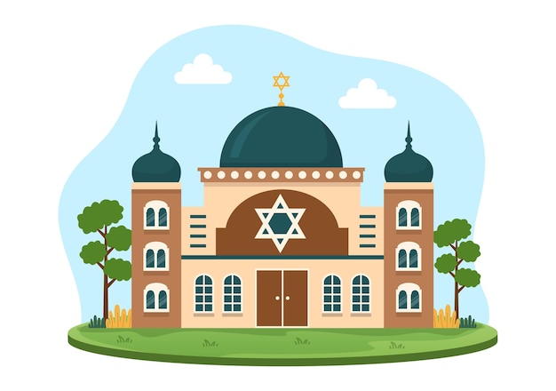 Vetor edifício da sinagoga ou templo judaico com local de culto religioso e judeu na mão desenhada ilustração