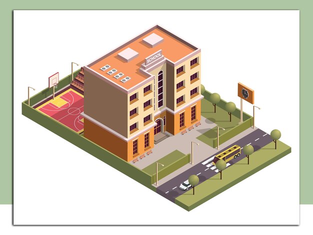 Vetor edifício de arranha-céu de escola isométrica e campo de basquete ao longo da rua de veículos de fundo