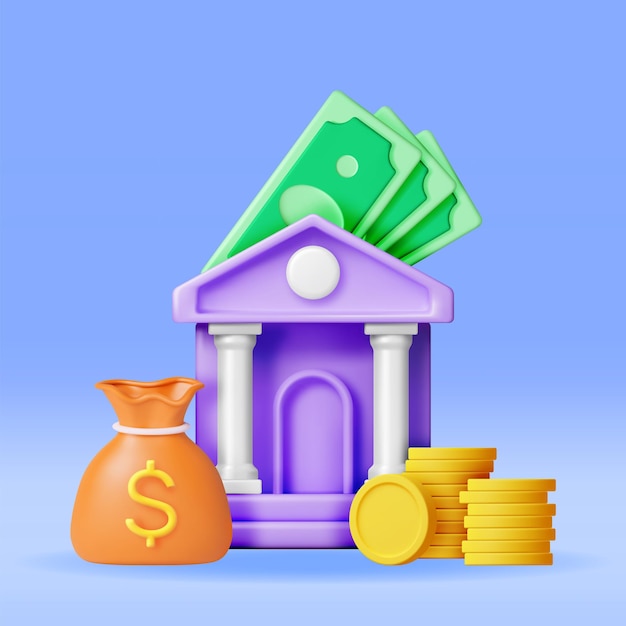 Edifício de banco 3D e dinheiro em espécie
