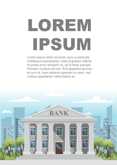 Edifício de banco retro de design plano com colunas e janelas ilustração vetorial na paisagem da cidade moderna bom dia ensolarado com céu azul e fundo de nuvens