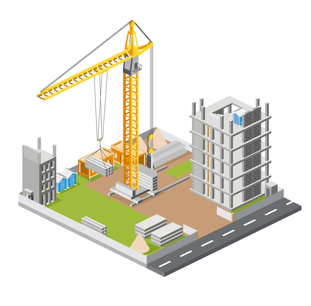 Edifício de construção com guindaste e arranha-céu Processo de construção de edifícios de vários andares Tecnologia industrial Edifício de estrutura monolítica isométrica e guindaste de torre