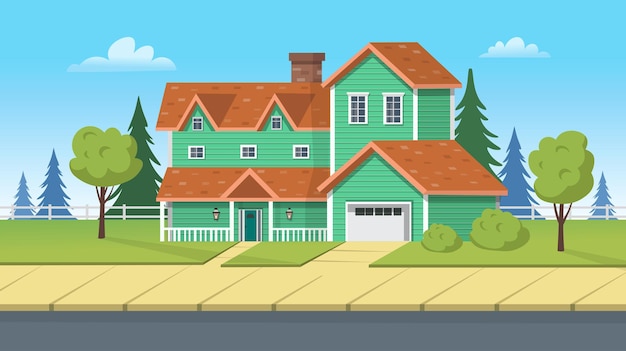 Edifício de fachada, casa suburbana com garagem e gramado verde. ilustração em vetor dos desenhos animados para jogos ou animação.