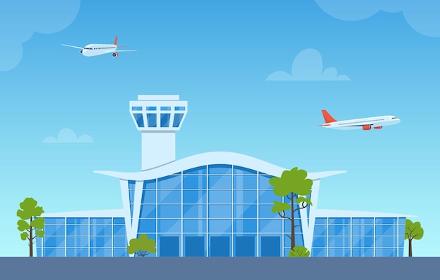 Edifício do aeroporto com avião voando sobre a torre a fachada do terminal do aeroporto