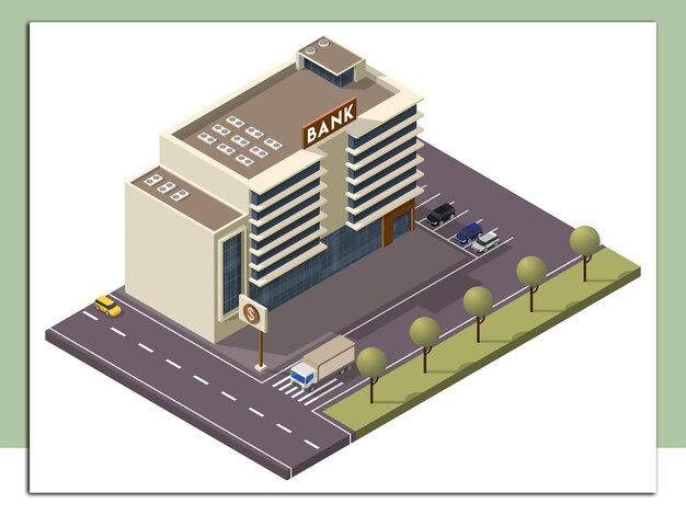 Vetor edifício do banco isométrico com sinalização e estacionamento de carros ao longo da rua de transporte