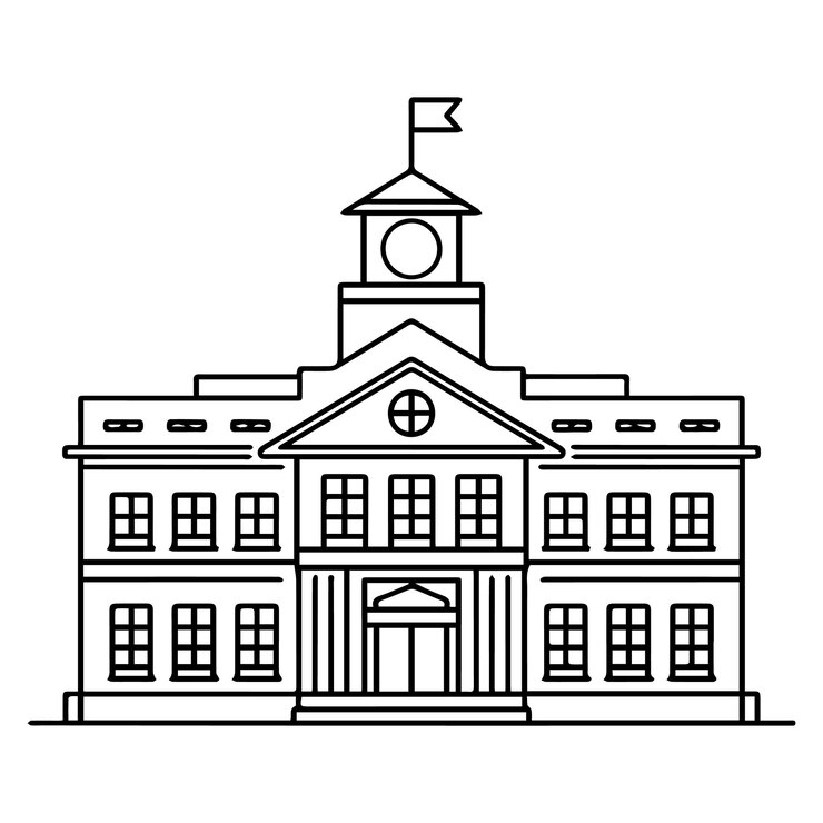 Vetor edifício do ensino médio com vários andares e uma entrada central com uma ilustração vetorial do mastro da bandeira