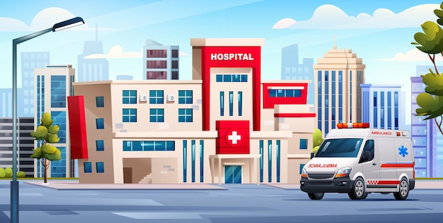 Edifício do hospital com carro de ambulância Ilustração da paisagem de fundo do conceito médico