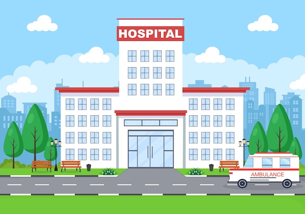 Edifício do hospital para ilustração vetorial de fundo de desenhos animados de saúde com ambulância, médico, paciente, enfermeiras e exterior da clínica médica